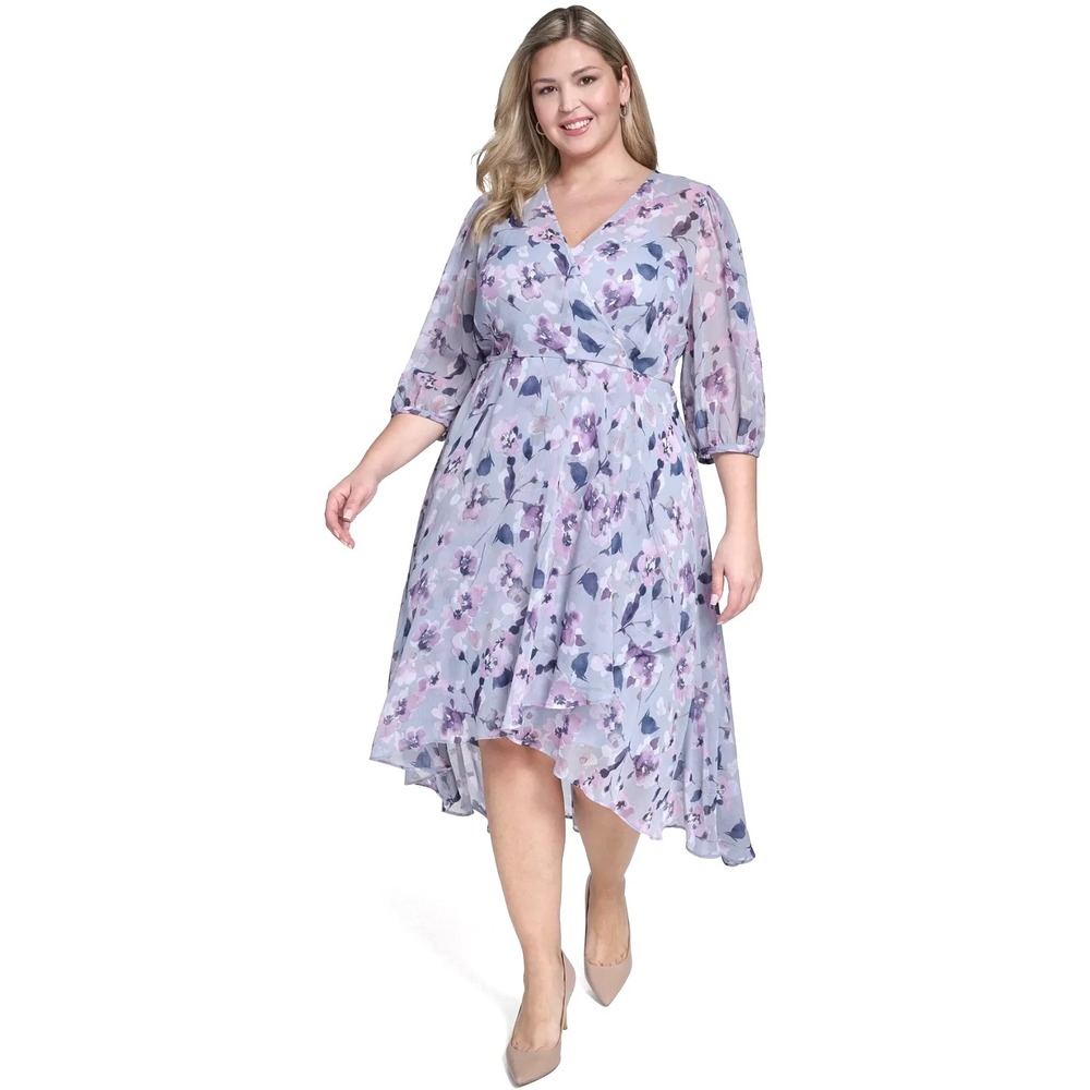 Calvin Klein Womens Plus Floral Print Faux Wrap Dress Baloon-Sleeve Size 16W NWT